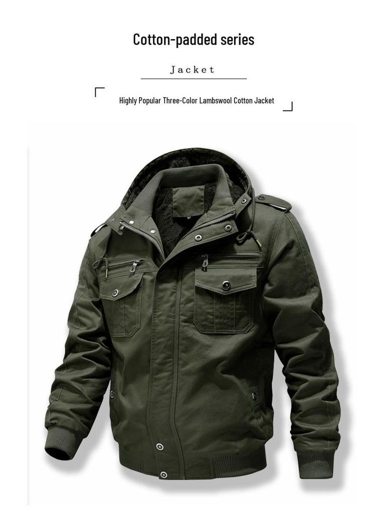 Men's Hooded Military-Style Washed Cotton Jacket with Velvet Lining