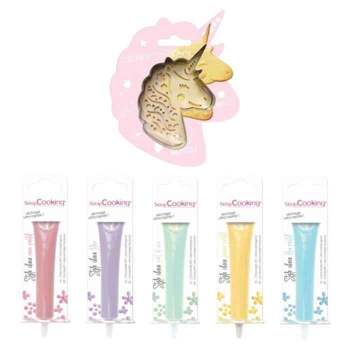 Kit pour biscuits en relief - Licorne - Découpoir inox - Embosseur bois - 5 stylos chocolat pastel