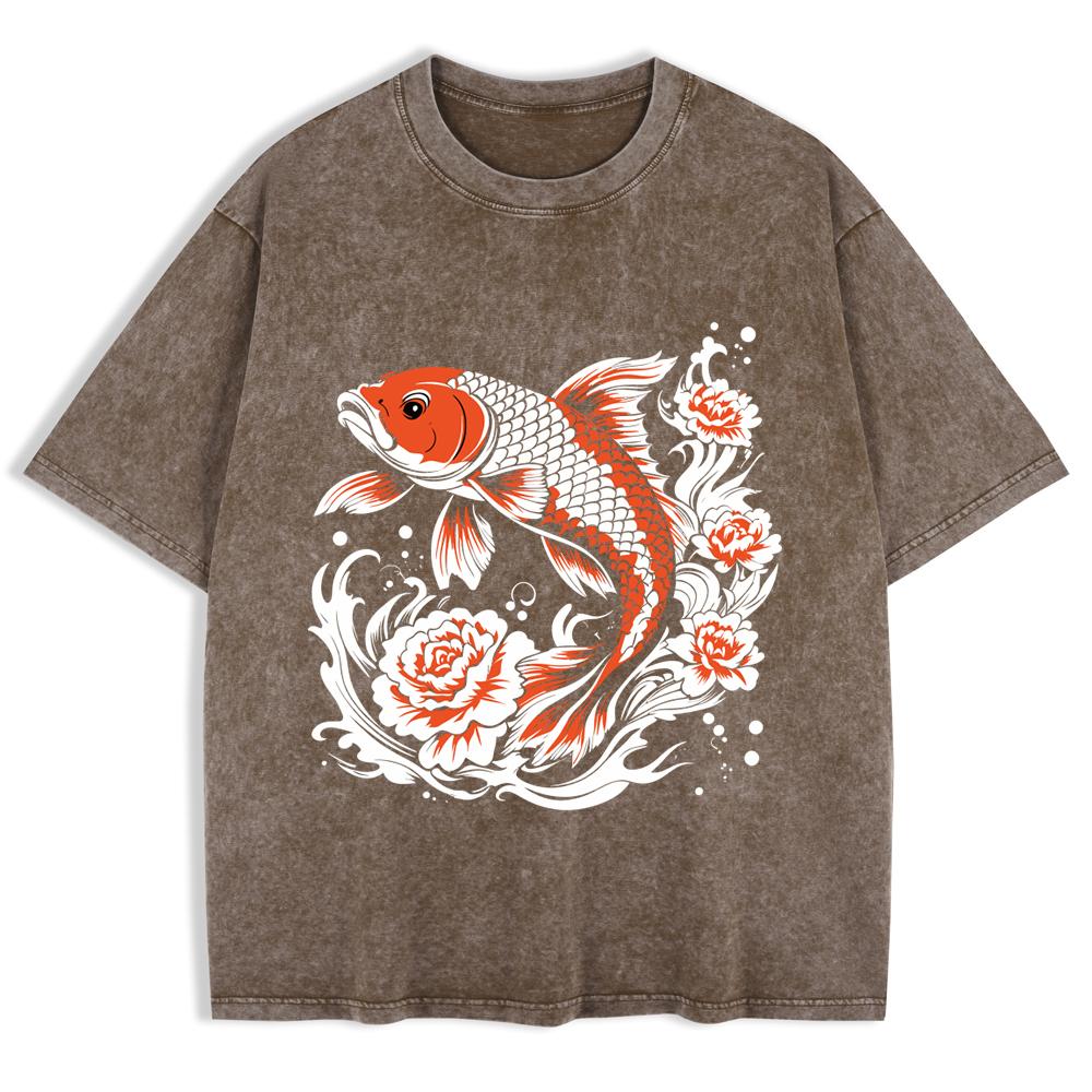 Japanese Koi Harajuku Printed Washed T-Shirts Mens Cotton Short Sleeve Tops Summer O-Neck Oversized T Shirt Clothes