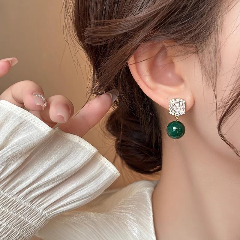 New Arrival Elegant Green Chalcedony Square CZ Zircon  Silver Needle Ladies Tassels Stud Earrings  For Women Gifts