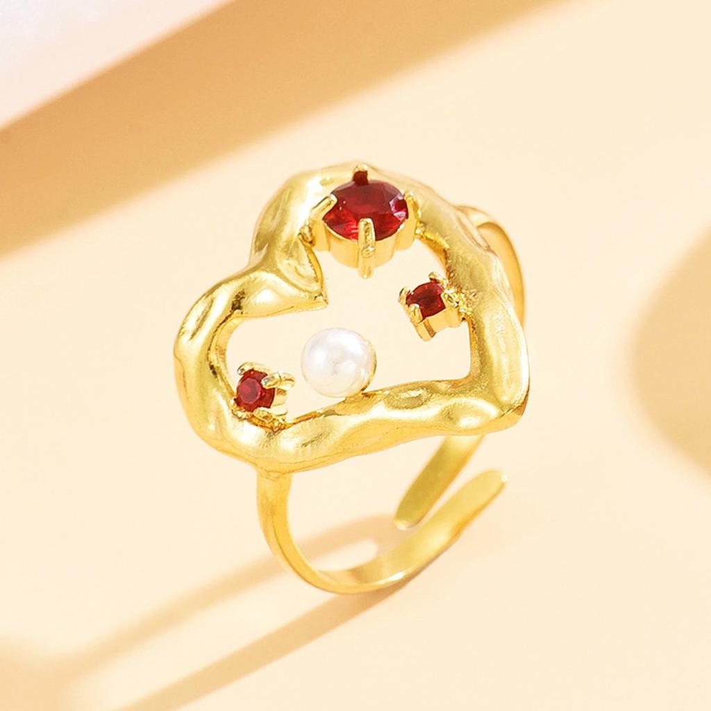 Fairy Sweet Heart Hollow Stainless Steel Adjustable Ring with Colorful Zircon