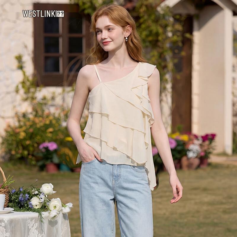 Westlink French Ruffle One-Shoulder Chiffon Tank Top абрикосовый