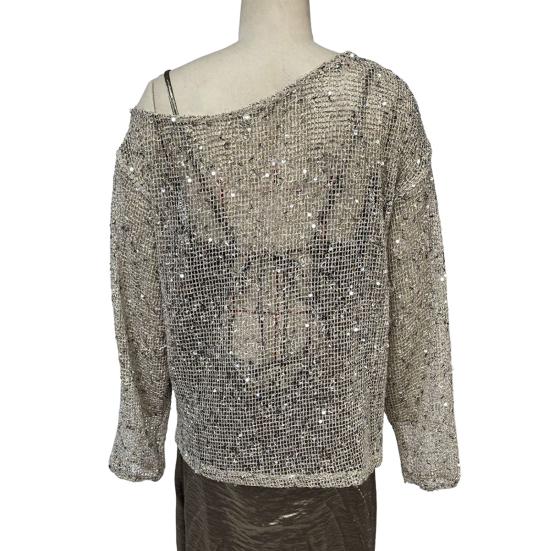 Women Tops Sparkling Sequin Detail Round Neck Long Sleeve Loose Fit Pullover Tops Office Vacation Party Wear