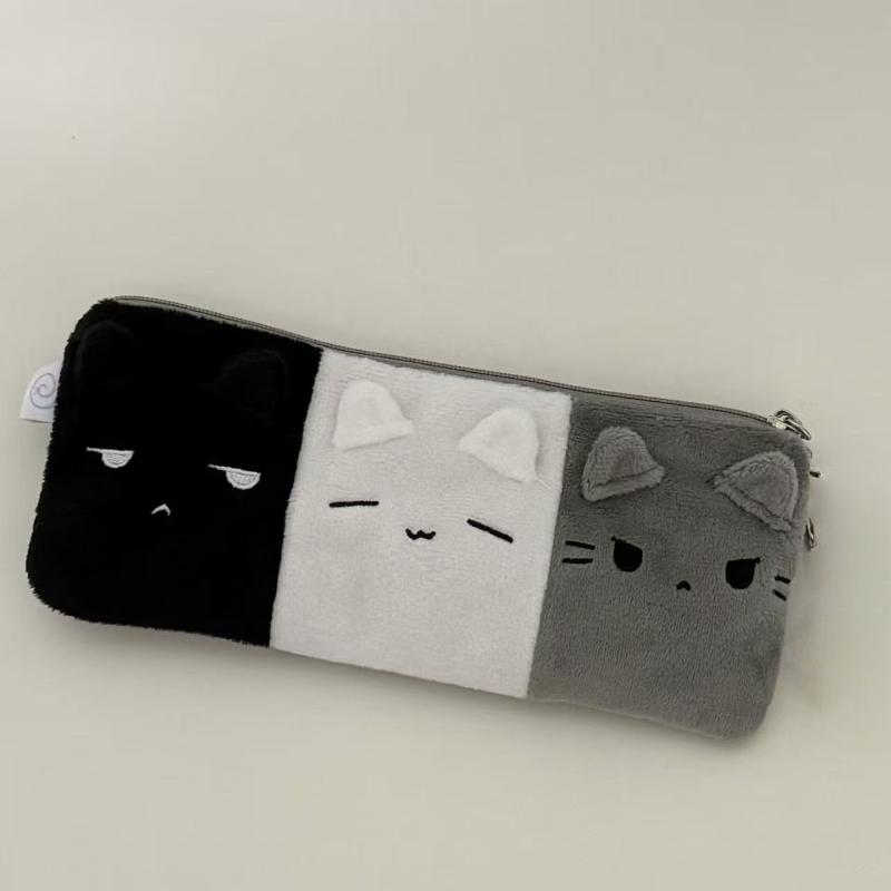 1Pcs Black White And Gray Kitten Pencil Case Plush Cute Cat Storage Bag Large Capacity Cartoon Stationery Case For Student