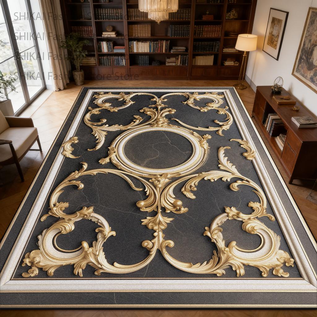 Black French Rococo Retro Style Living Room Rug Home Decoration Luxury Easy Clean Soft Carpet Big Size Non-slip Fluffy Foot Mats