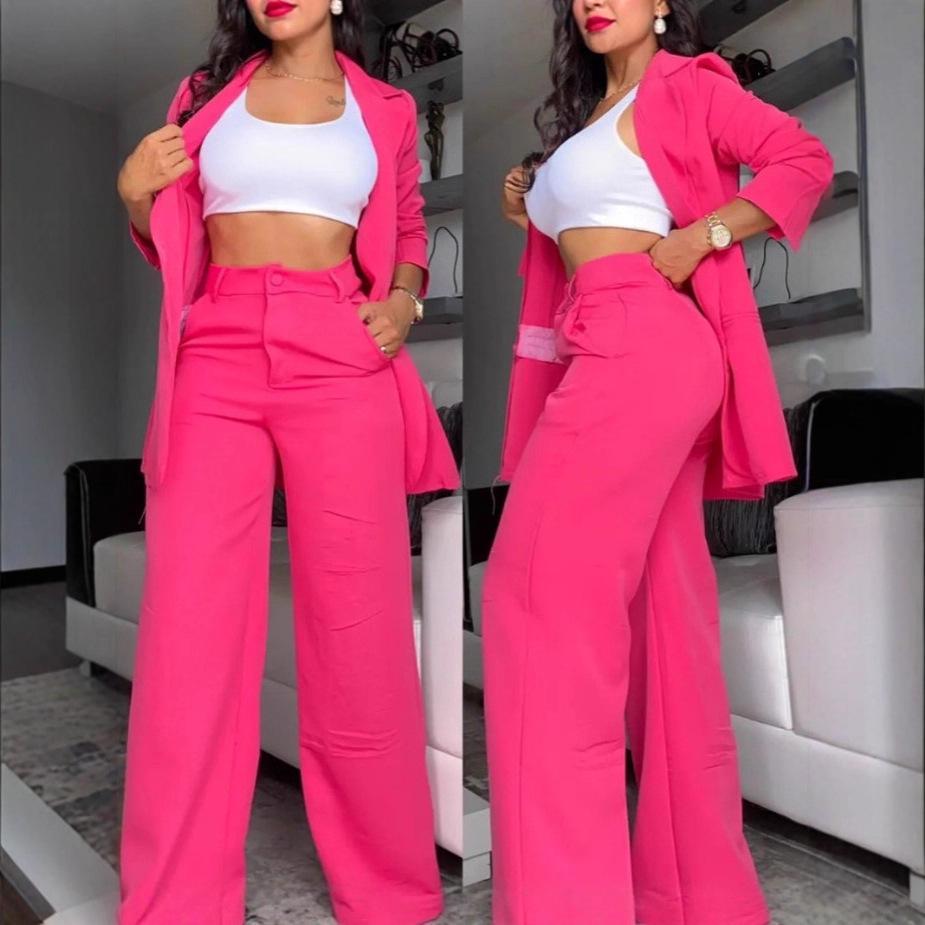 2026 Summer Elegant Women's Solid Color Split Sleeve Suit with Straight Leg Pants