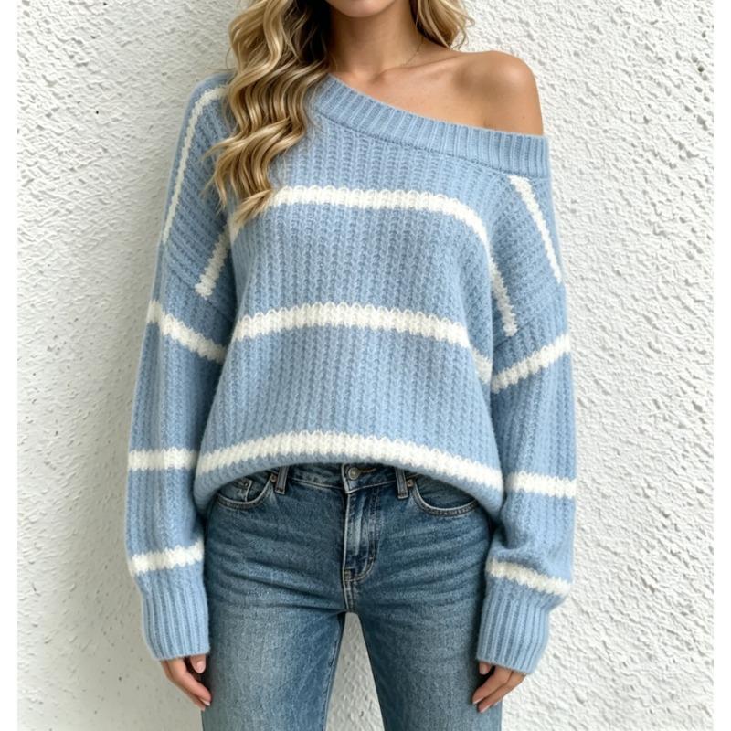 Women Casual Off Shoulder Knit Sweater Loose Fit Long Sleeve Pullover