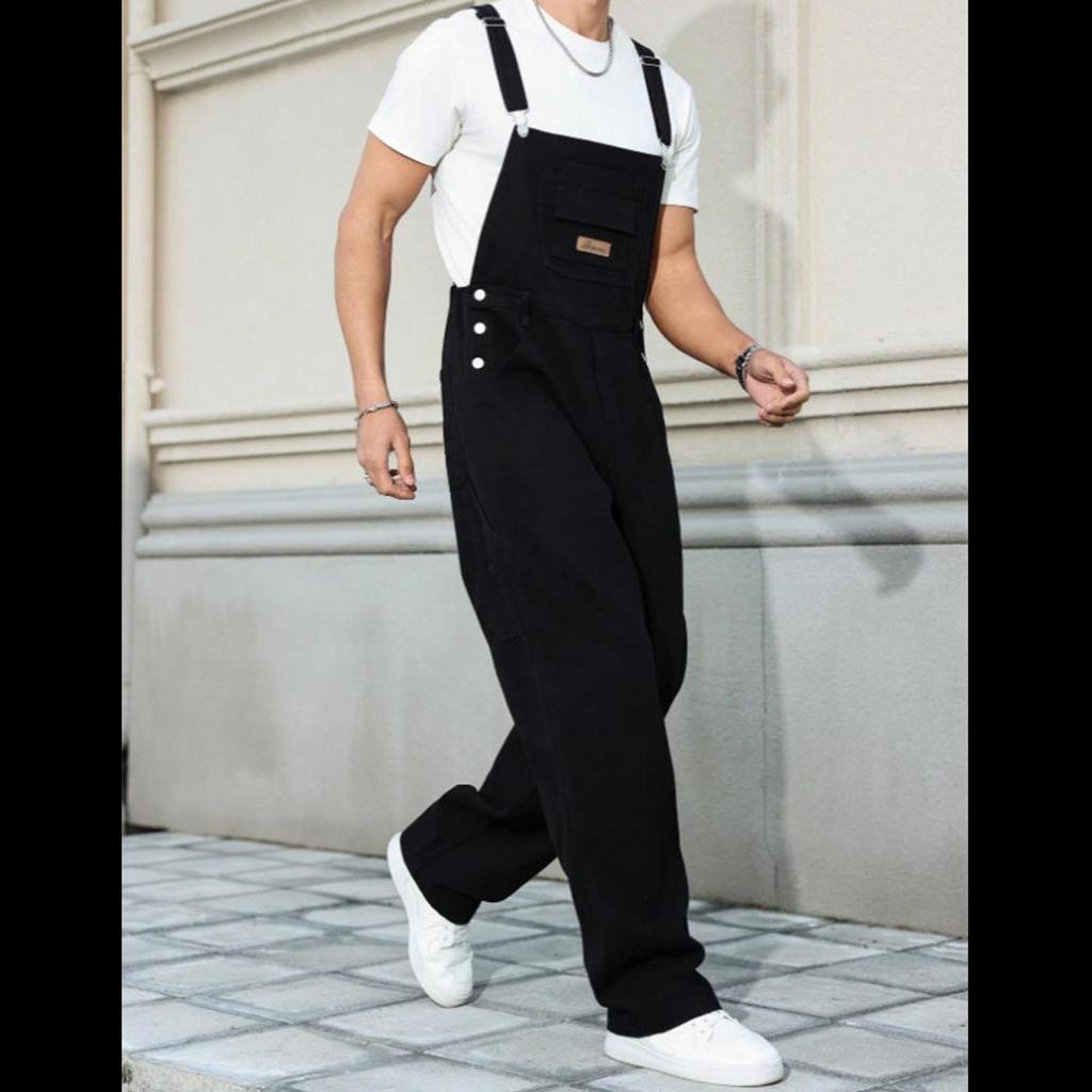 Men's Trendy Wide-Leg Black Denim Overalls - Loose Straight-Leg Jumpsuit Workwear
