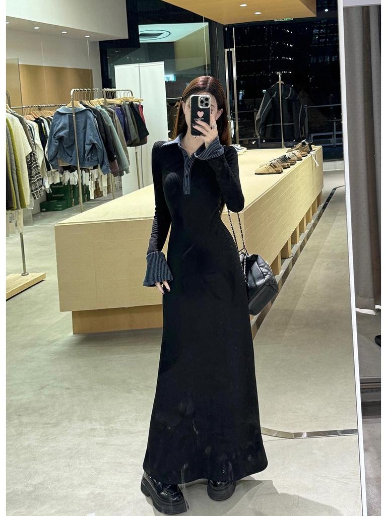 Women's Spring Collection: Black Slimming Ruffle Long Dress with Turn-Down Collar and Waist-Cinching Design