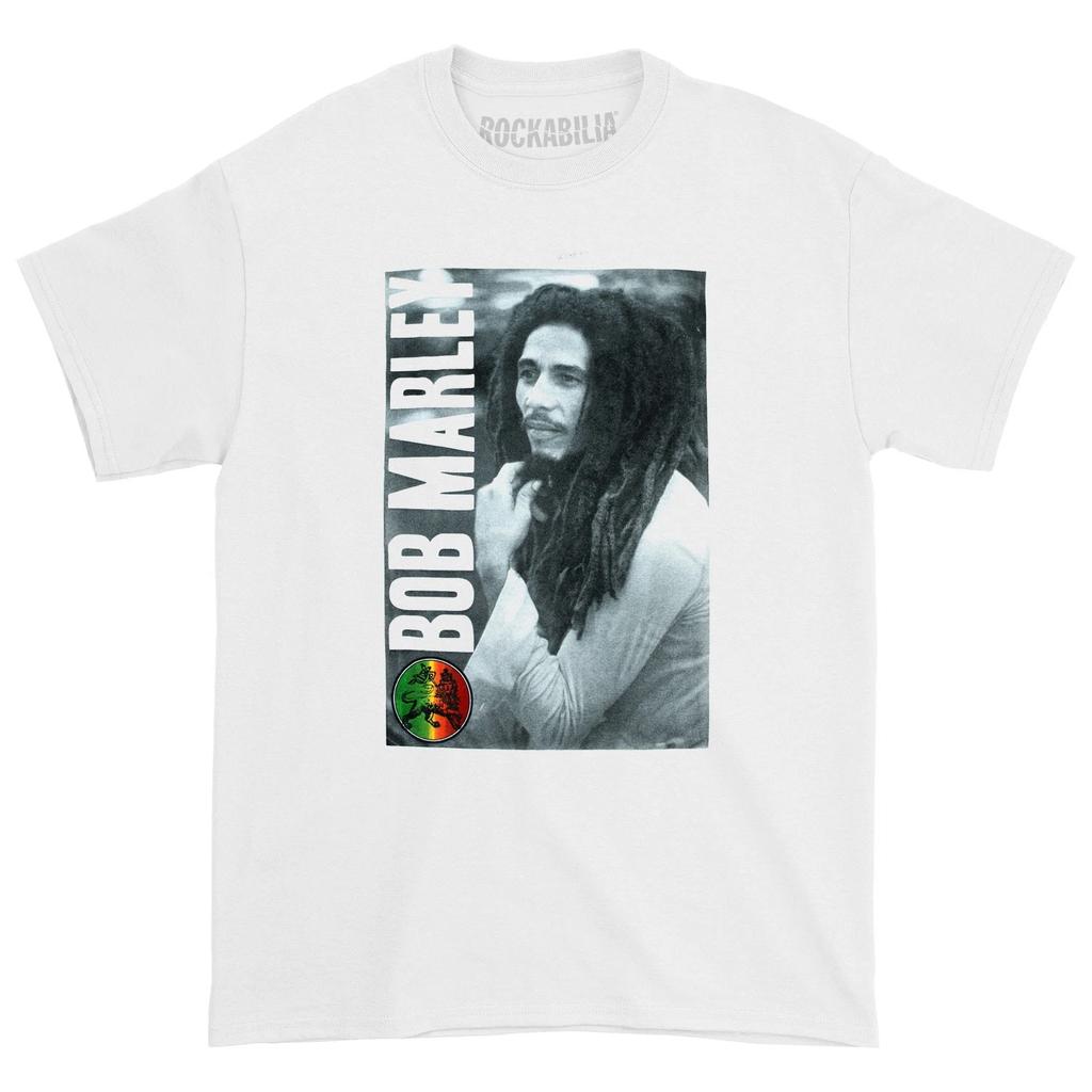 Men's Bob Marley Boxed Hand On Chin Photo & Vertical Logo T-shirt X-Small White