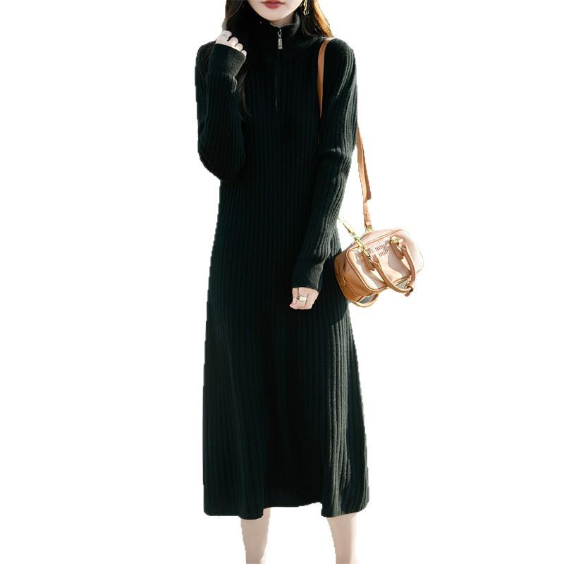 Women's Pure Wool Knit Maxi Dress - Long Sleeve, Half-Zip, Loose Fit, Solid Color, Autumn/Winter Fashion.