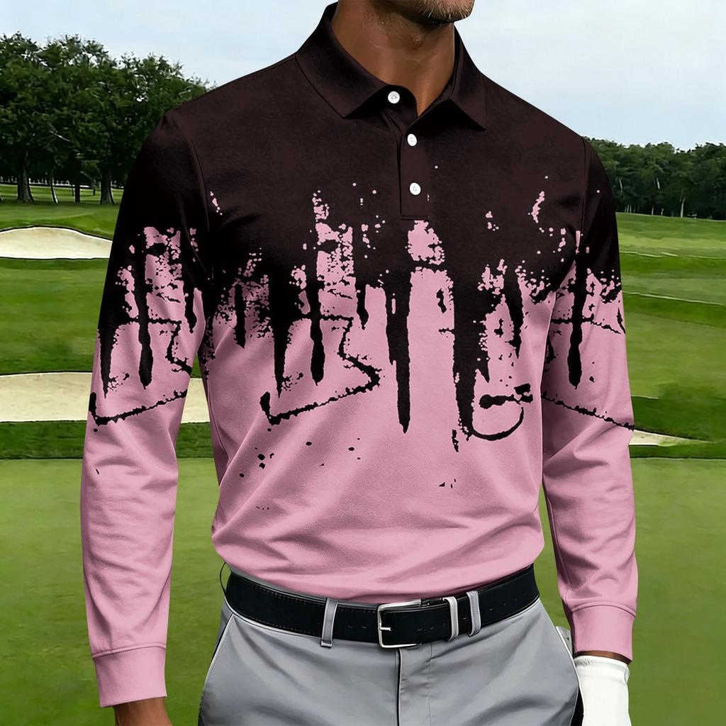Men's Casual Printed Long Sleeve Button Down Shirt with Lapel Collar for Sports and Daily Wear