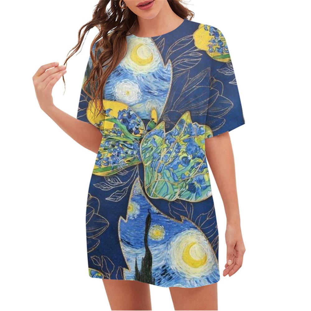 

2026 Women s Art Nouveau Van Gogh Starry Night 3d Printing Short-sleeved O-neck Loose Summer Retro Dress 6XL