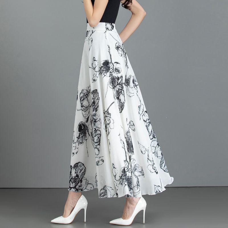 New Summer Retro Ethnic Style Ink-print Chiffon Skirt Women's Long Skirt High Waist A-line Skirt