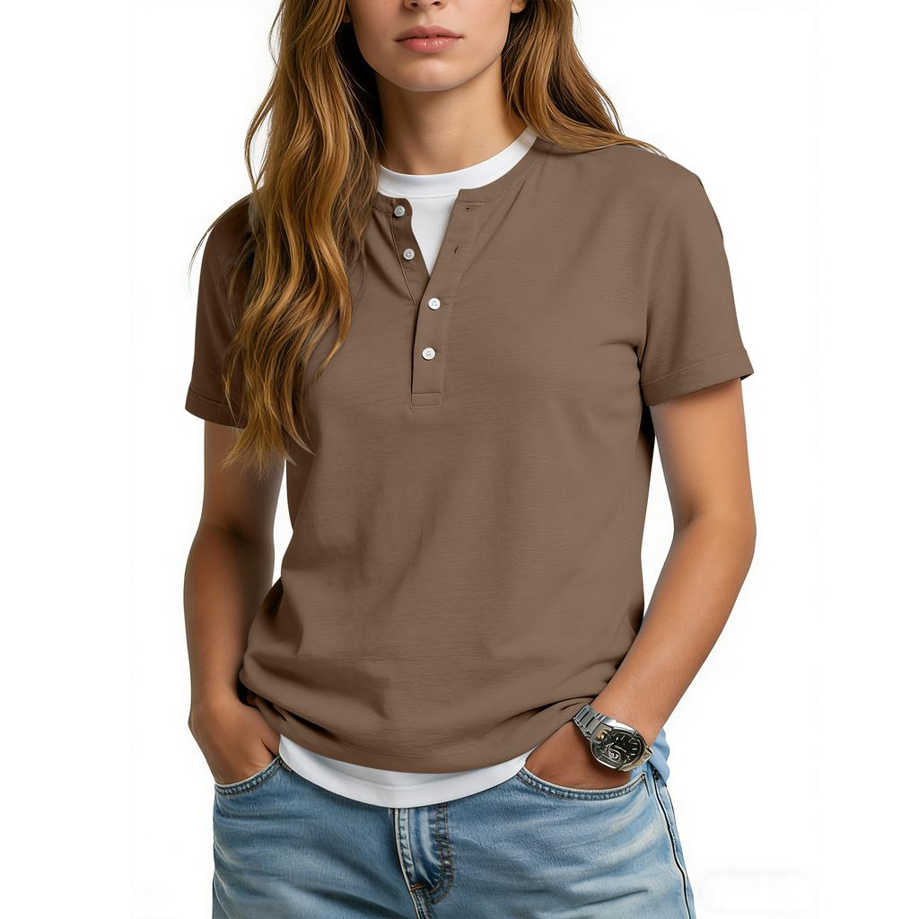 Women's Casual Color V,neck Short,sleeved T,shirt With Decorative Buttons.