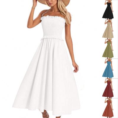 Damen Sommer Maxi Kleid Ärmelloses Sommerkleid Baumwolle Träger Rüschen Strandkleid
