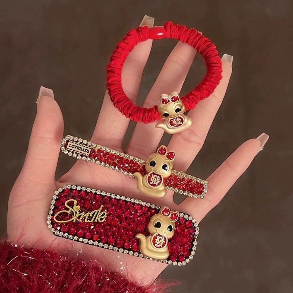 New Year Headwear Red Rhinestone Hairpin Animal Zodiac Dragon Hair Clip Creative   Daily