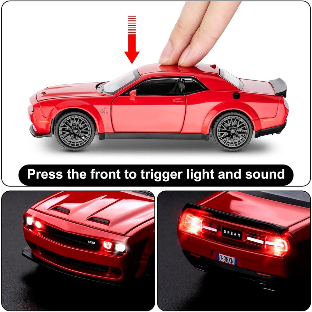 Maßstab 1/32 Dodge Hellcat Challenger Diecast Metall Rückzug Modellauto Hellcat mit Sound und Licht Hellcat Auto Spielzeug Geschenke für Kinder ab 3 Jahren
