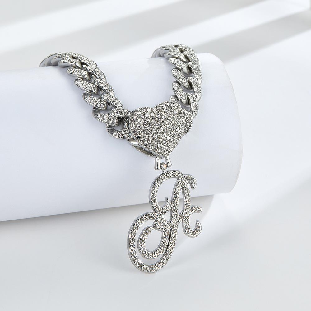 Hip Hop Full Diamond Cuban Chain Letter Pendant Personality Fashion Trend Diamond Heart Cursive Letter