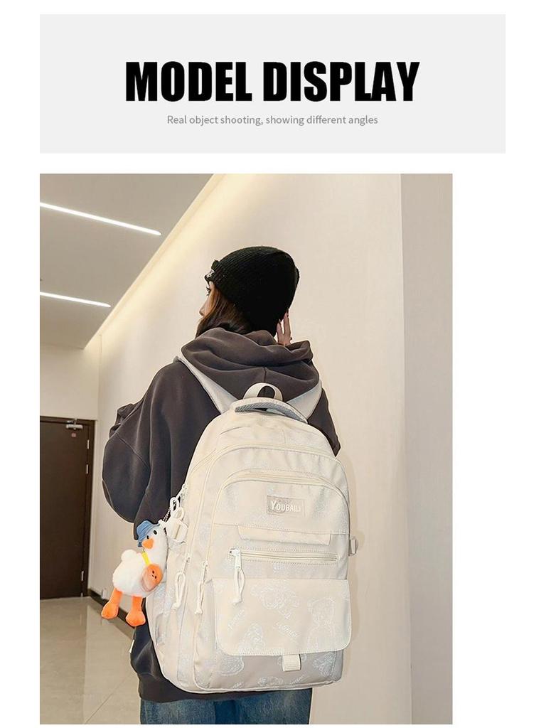 Large Capacity Bear Print Backpack for Students - Perfect for Middle, High School, and University Girls.