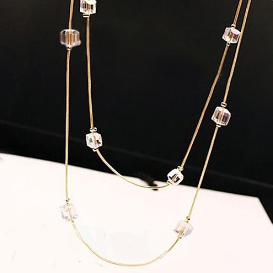 Kvinner Square Rhinestones perler 2 lag Golden Alloy Chain lang genser kjede