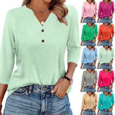 Women's T Shirt Color Button 3/4 Sleeve Daily Weekend Fashion Basic V- Neck Regular Top