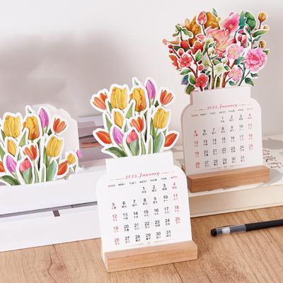 Desk Calendar 2025, Creative Flower Desk Calendar With Wooden Base, Vase Shaped New Year Monthly Calendar Planner, Standing Flip Decorative