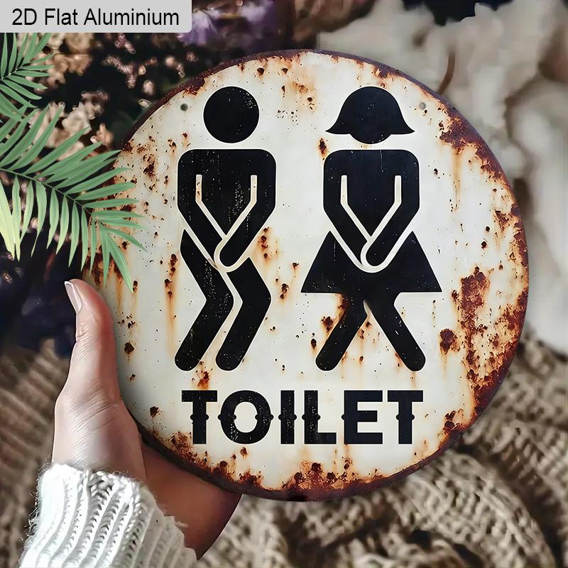 2D Flat Round Vintage Toilet Aluminum Sign, Male & Female Icons Bathroom Wall Decor for Home Office Public Restrooms