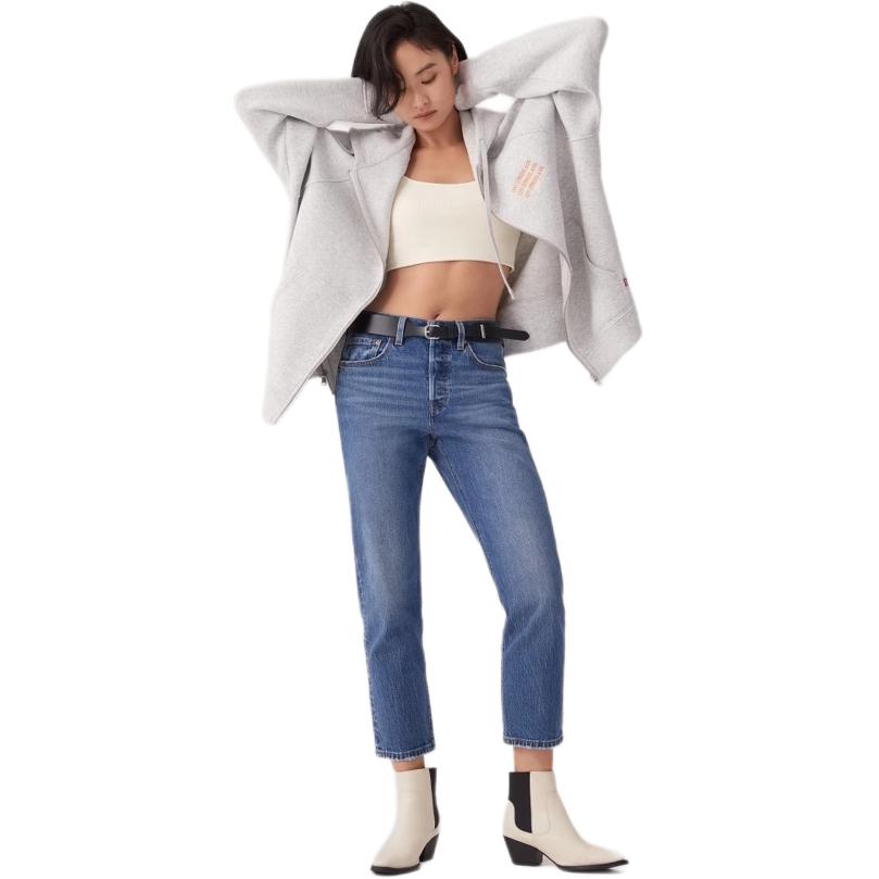 Levis Simple Comfortable Versatile Loose Hooded Drawstring Long Sleeve Sweatshirt Women sweatshirt Gray 0016N-0003