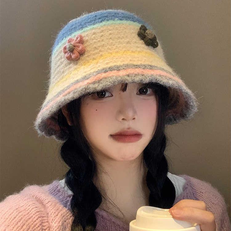 Sweet Flower Knitted Bucket Hat Women's Autumn and Winter Washbasin Hat Big Head Circumference Wool Hat Tide