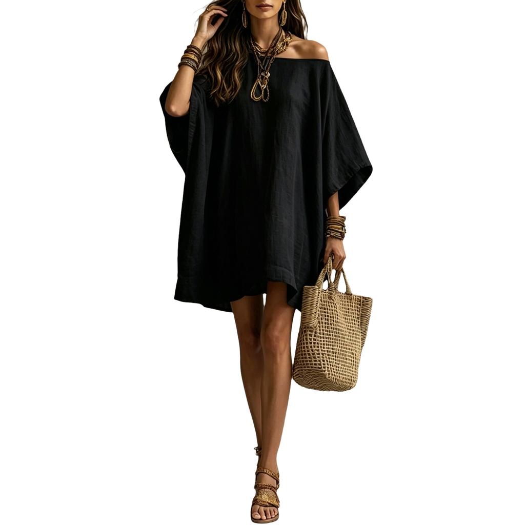Women's Off-Shoulder Cotton Linen Midi Dress with Pockets Loose Fit Sleeves for Vacation