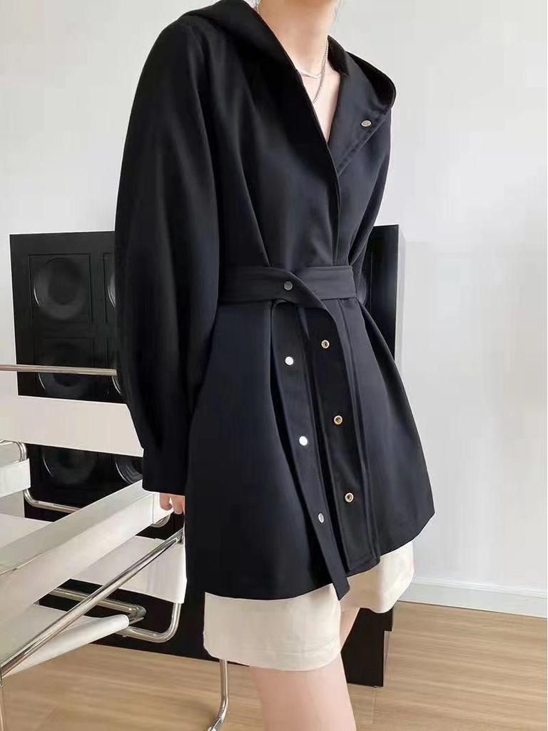Women's Korean Chic Hooded Trench Coat with Lantern Sleeves - Spring & Autumn Casual British Style
