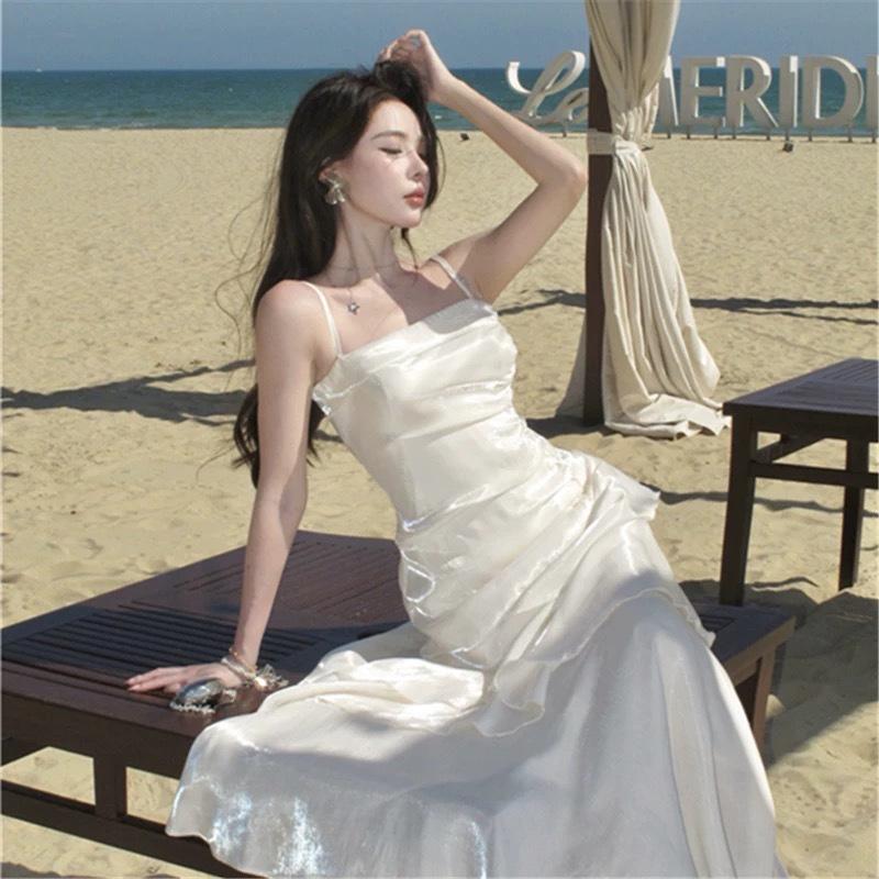 Sophisticated Temperament Socialite Lady Dress Summer New Suspender Ruffle Edge Long Dress Birthday Dress Dress