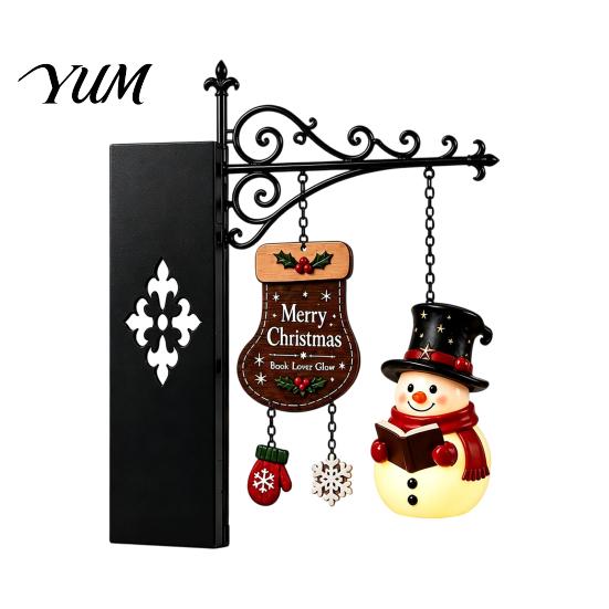 Floating Shelf Light Ornaments Christmas Bookshelf Hanging Light, Snowman Book Nook Lamp, Metal Garden Balcony Decor Library Lantern Decor,