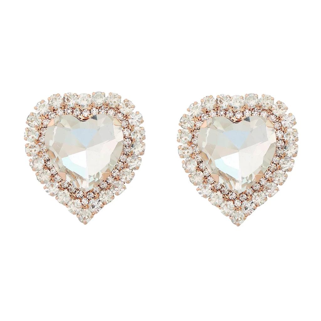 Spring 2024 New Metal Glass Rhinestone Heart Stud Earrings Engagement Party Luxury Jewelry Women's Elegant Shiny Accessories