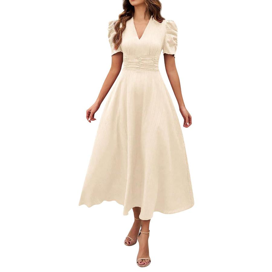 Summer Women's Fashion Chic High Waist Solid Short Sleeve Ruched Dress
