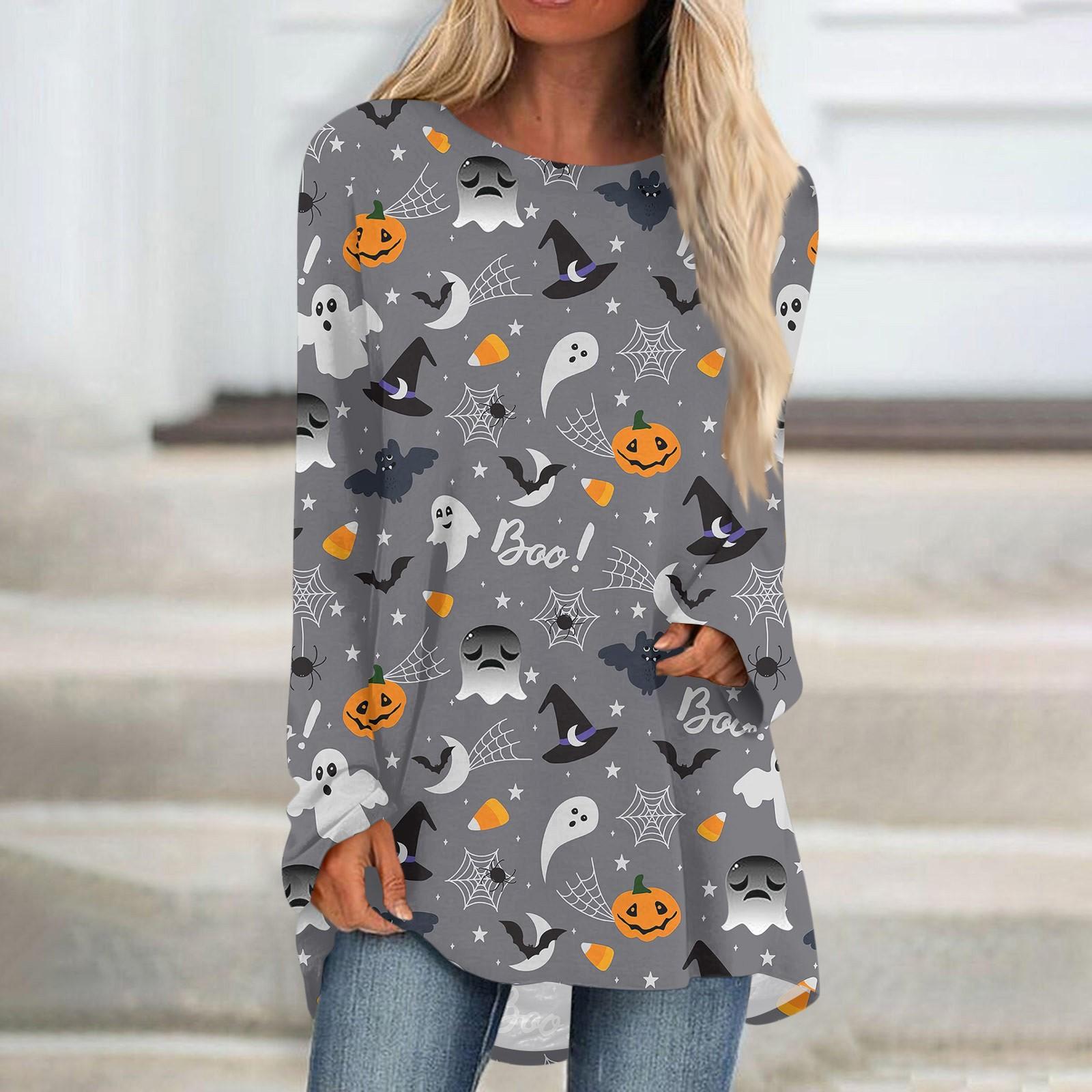 

Женская мода, повседневная блузка с длинным рукавом и круглым вырезом на Хэллоуин, пуловер с круглым вырезом M