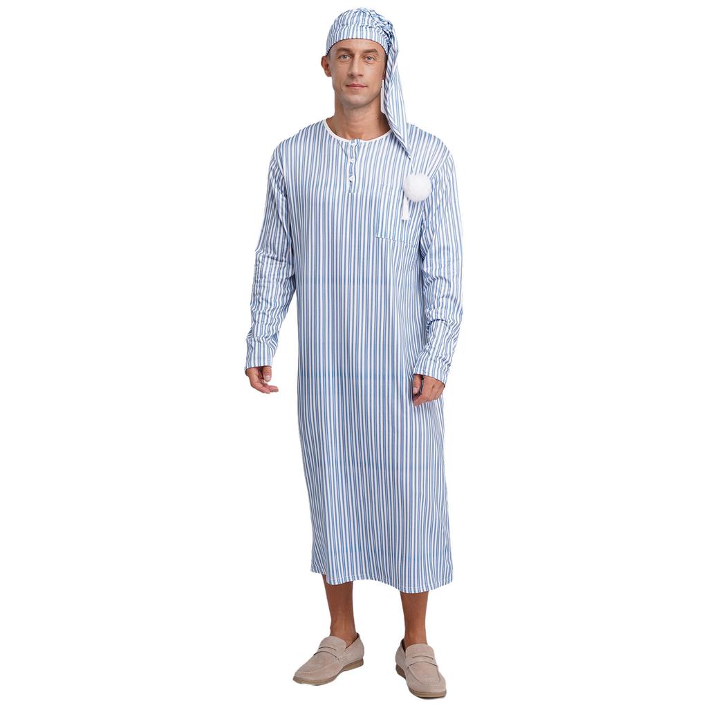 Męska odzież nocna Sissy Pasiasty szlafrok nocny Długi rękaw Długi szlafrok Pompon Regulowana czapka do spania Arabskie piżamy