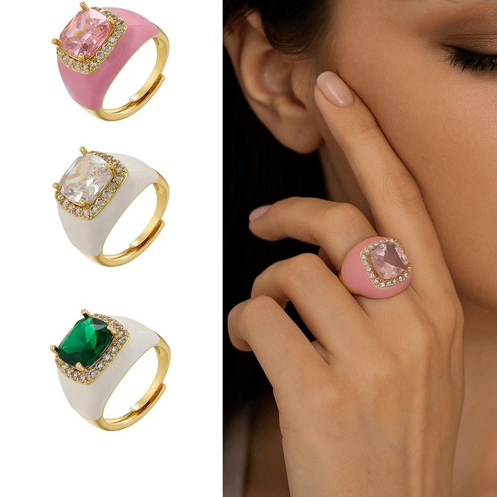 Multicolor Enamel Dripping Oil Ring Gold Plated Geometric Square Ring Zircon Open Ring  For Women