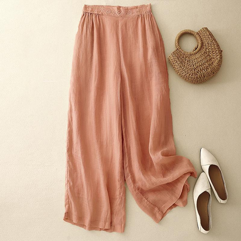 Women High-Waisted Retro Wide-Leg Pants Spring Casual Cotton Linen Draped Trousers M
