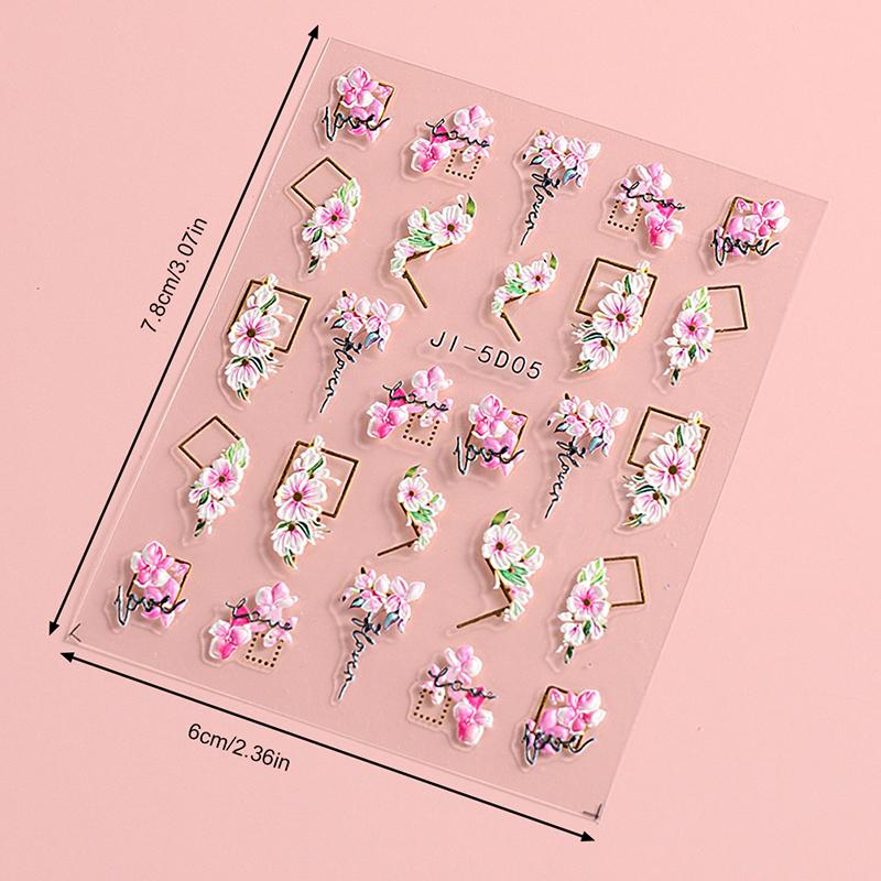 5D Nail Stickers Flowers Heart Shape Decor Acrylic Embossed Slippers Gold Frame Nail Decals Cherry Blossom Manicure