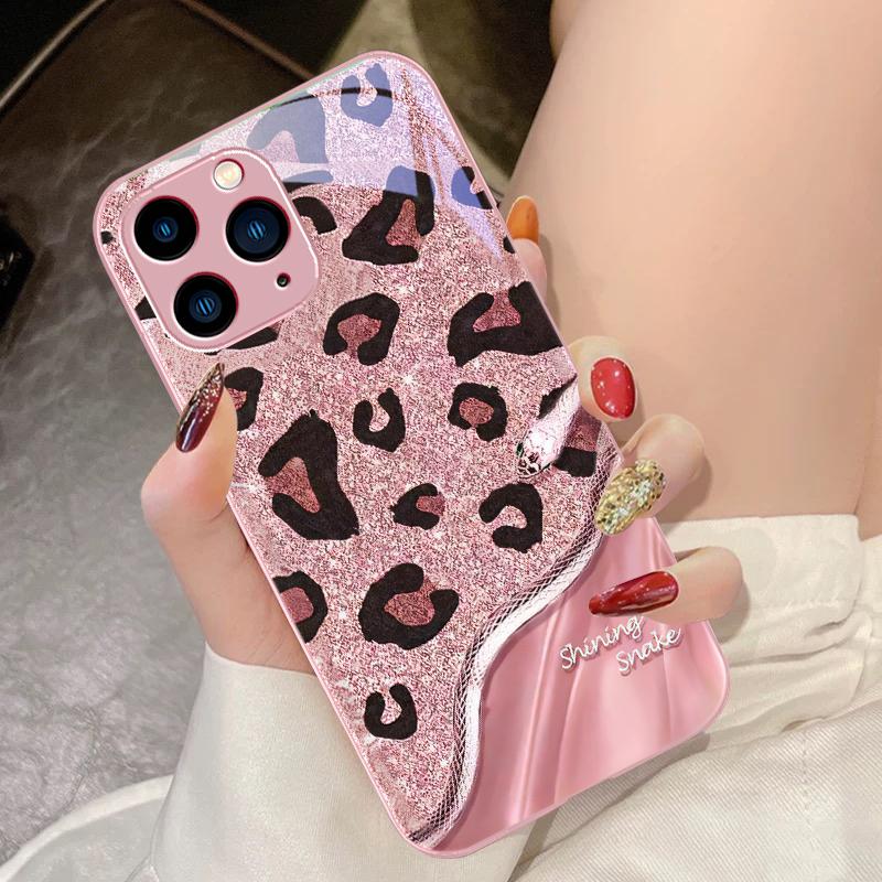 Leopard Sequin Snake For IPhone 16 Pro Max 15 Pro 14 13 12 Mini 11 XS Max XR 7 8 Plu SE 2022 Tempered Glass Phone Case