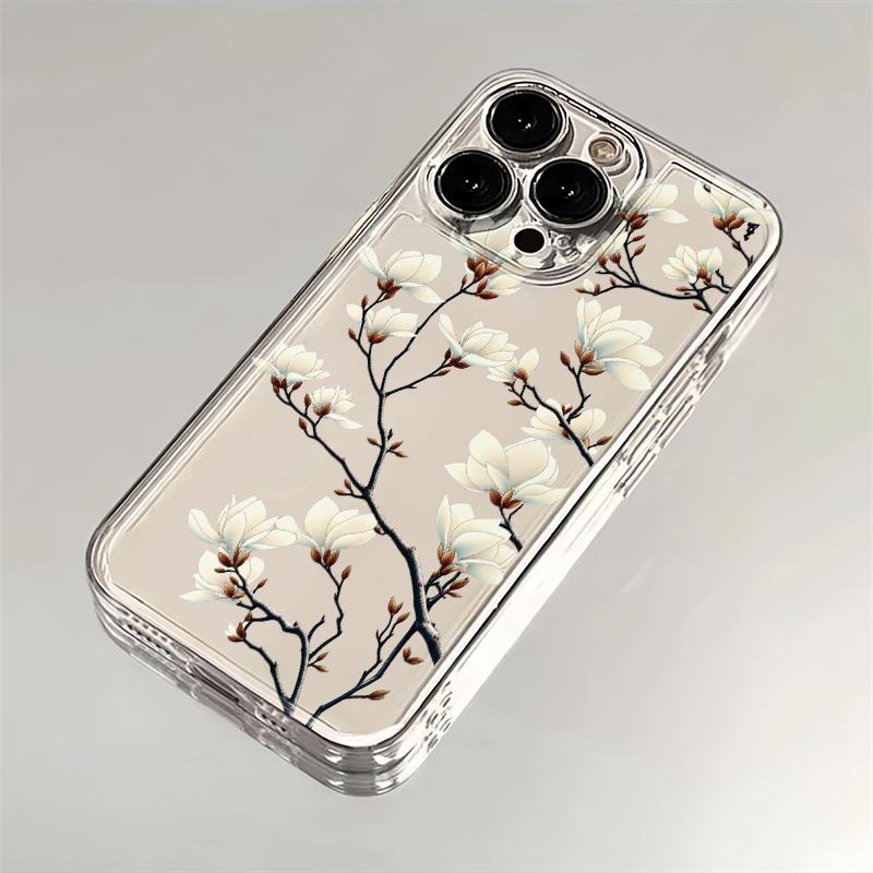 Magnolia branch pattern mobile phone case suitable for iPhone 17 16 15 14 13 12 11 Pro/ Max /Plus anti-fall and shockproof