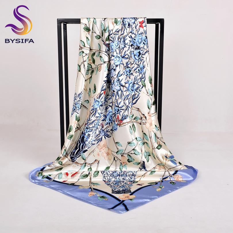 [BYSIFA] Chinese Style Women Silk Scarf Ne Roses Vase Pattern Blue Satin Large Square Scarves Wraps Elegant Muslim Headscarves
