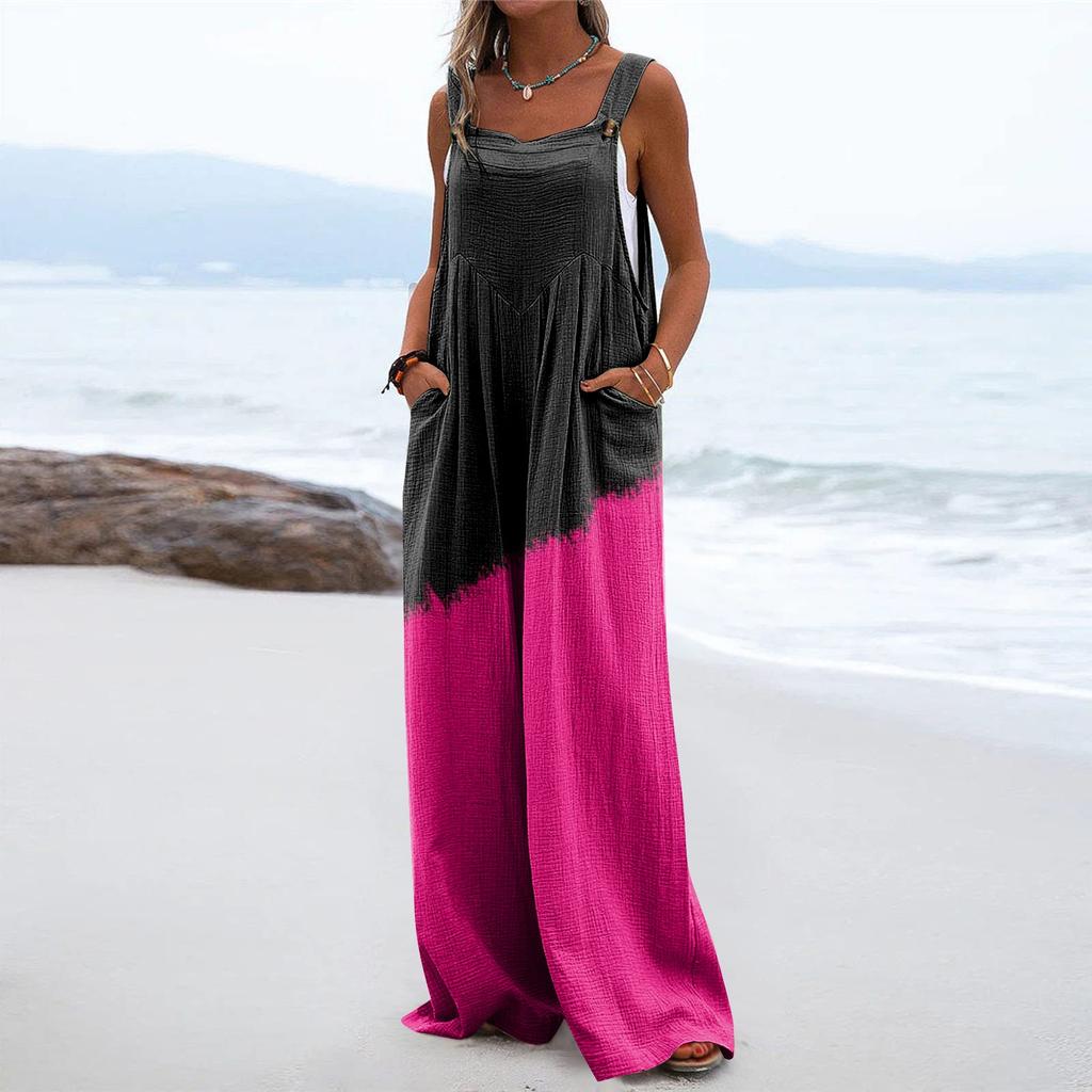 Women's One-Piece Button Up Jumpsuit Casual Loose Sleeveless Rompers With Pockets