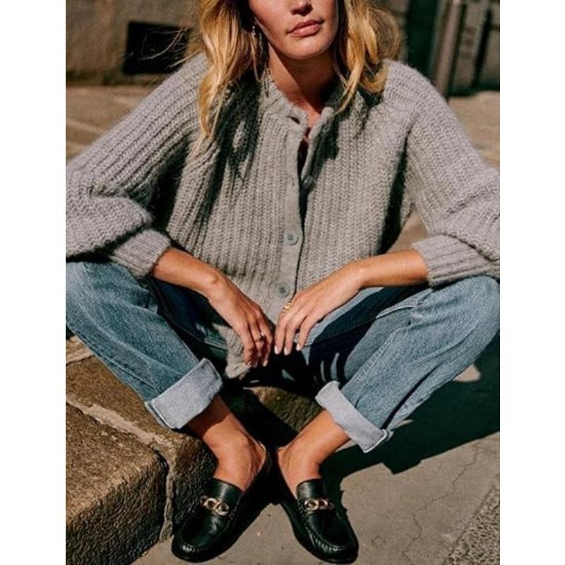 Autumn and winter street fashion solid color knitted cardigan, temperament all-match casual round neck long-sleeved sweater jacket