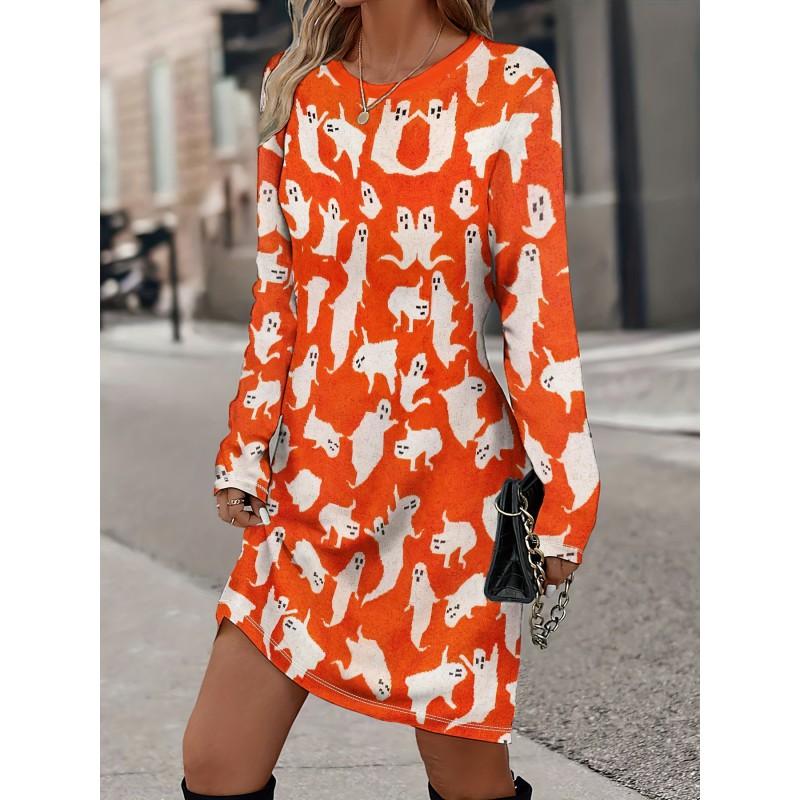 Womens Heart Print Round Neck Long Sleeve Plaid Patchwork Midi Dress Elegant Casual Office Wear
