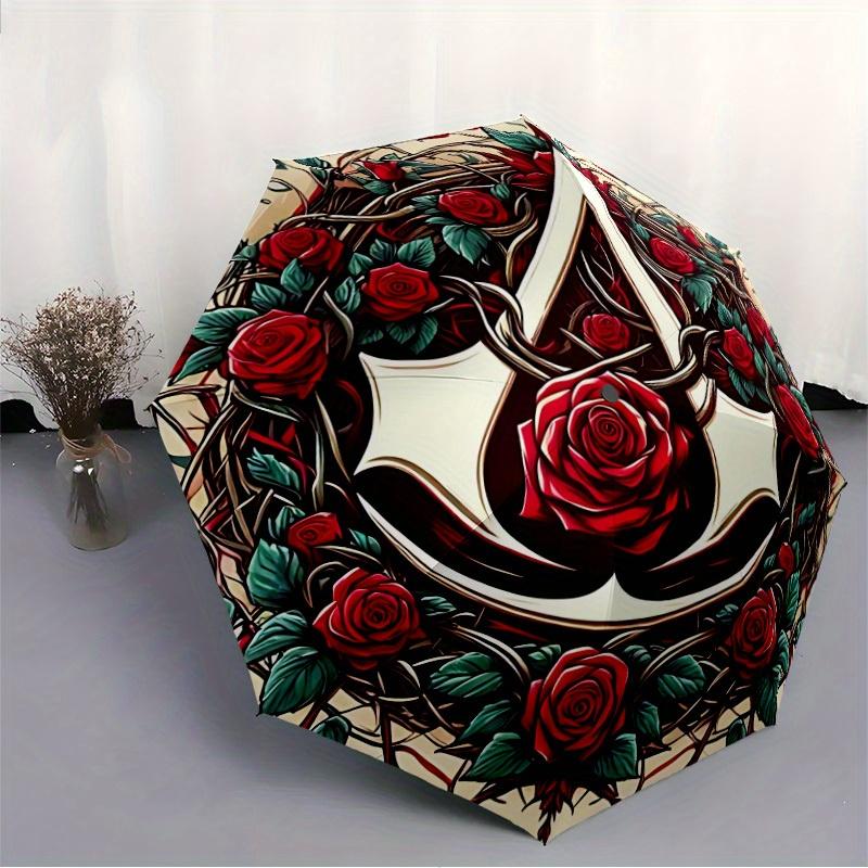 1pc Assassin's Creed Roses Self-Folding Umbrella, 8-Bone Compact Travel Umbrella, Durable Plastic And Iron Frame113