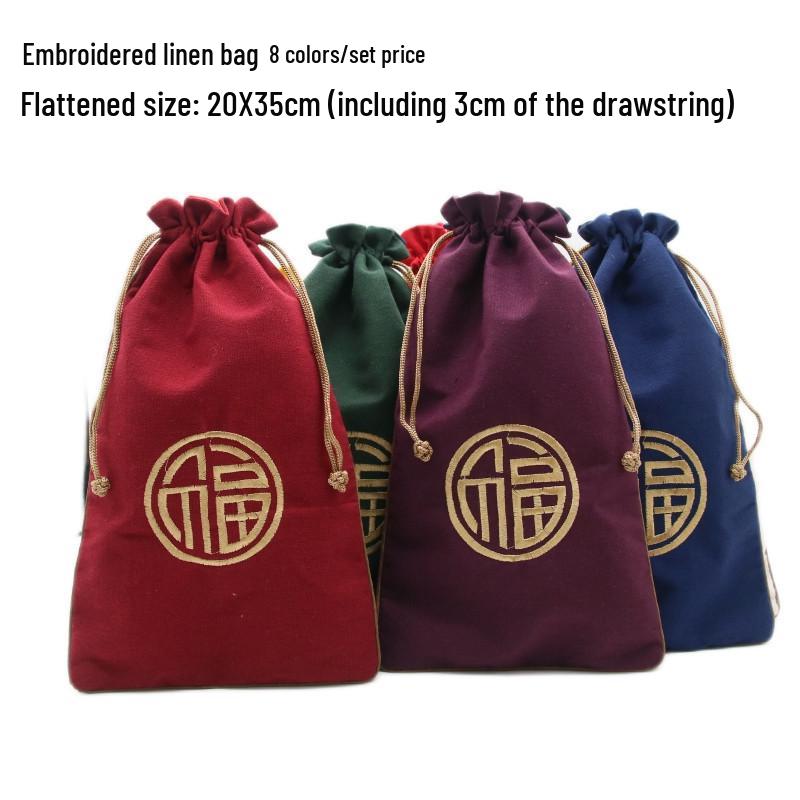 "Extra Large Embroidered Linen Drawstring Bag for Storage and Gifting"