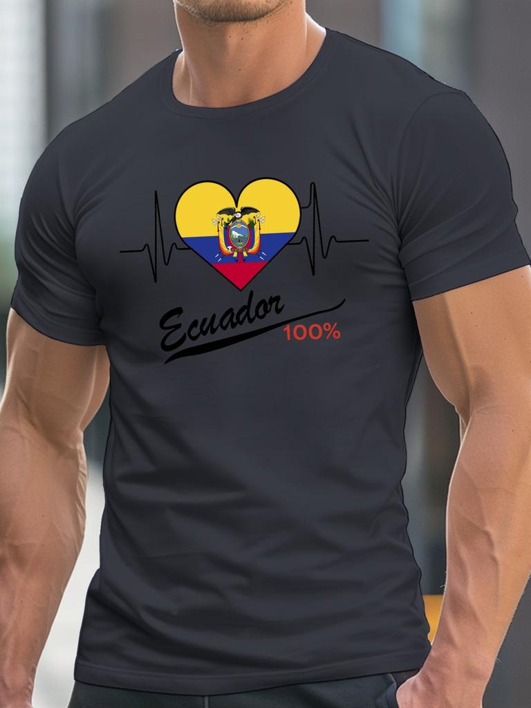 Ecuador Flag Heartbeat Love Mens Graphic Cotton Crew Neck Short Sleeve T Shirt Casual Summer Tee